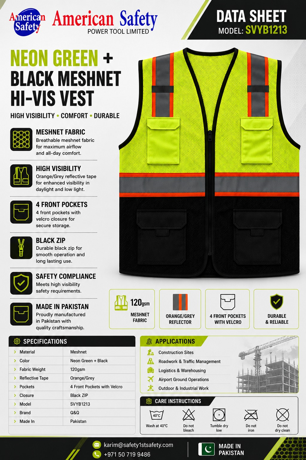 Neon Green & Black Meshnet Hi-Vis Safety Vest SVYB1213 - Image 2