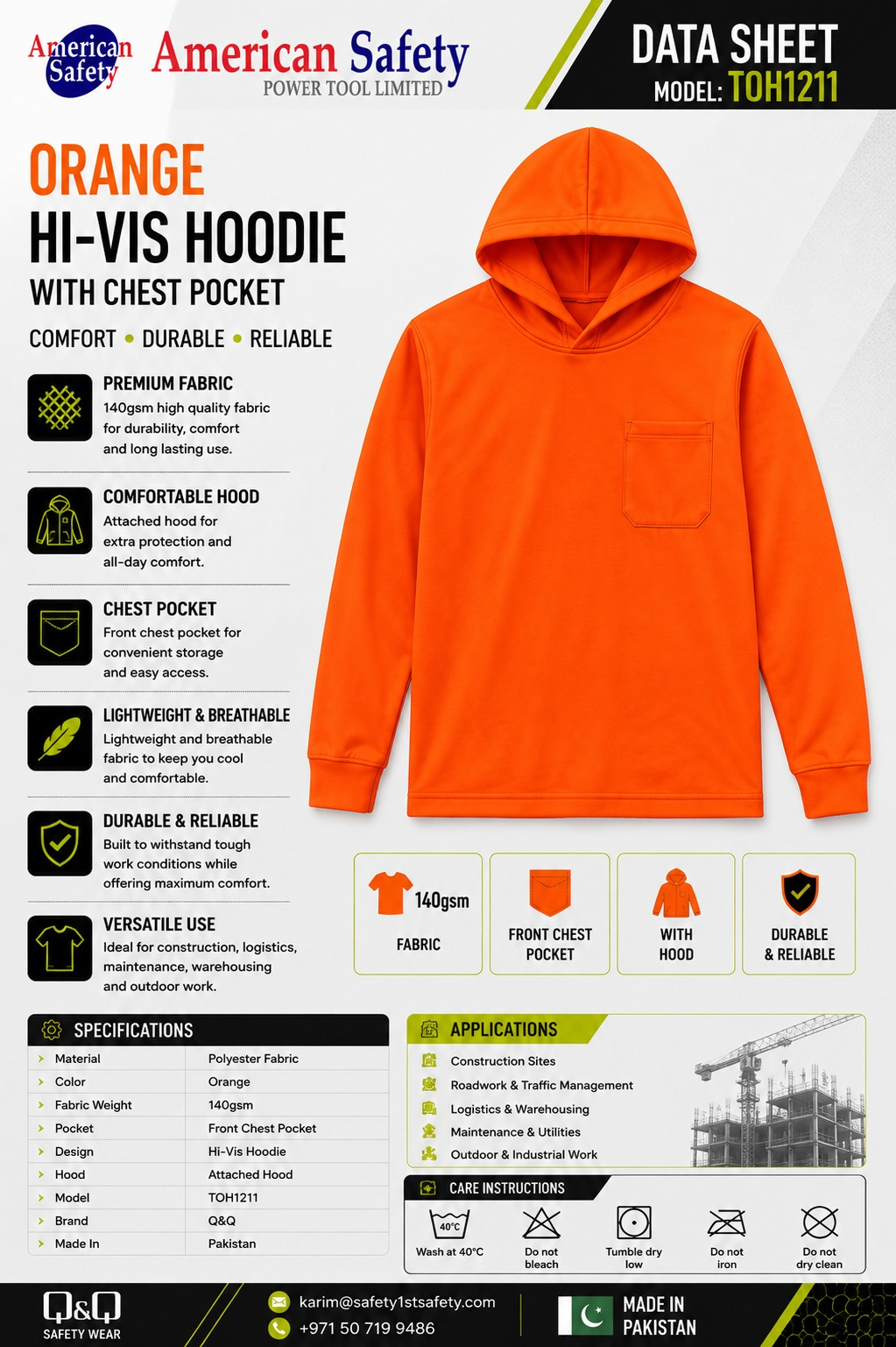 Orange Hi-Vis Hoodie with Chest Pocket TOH1211