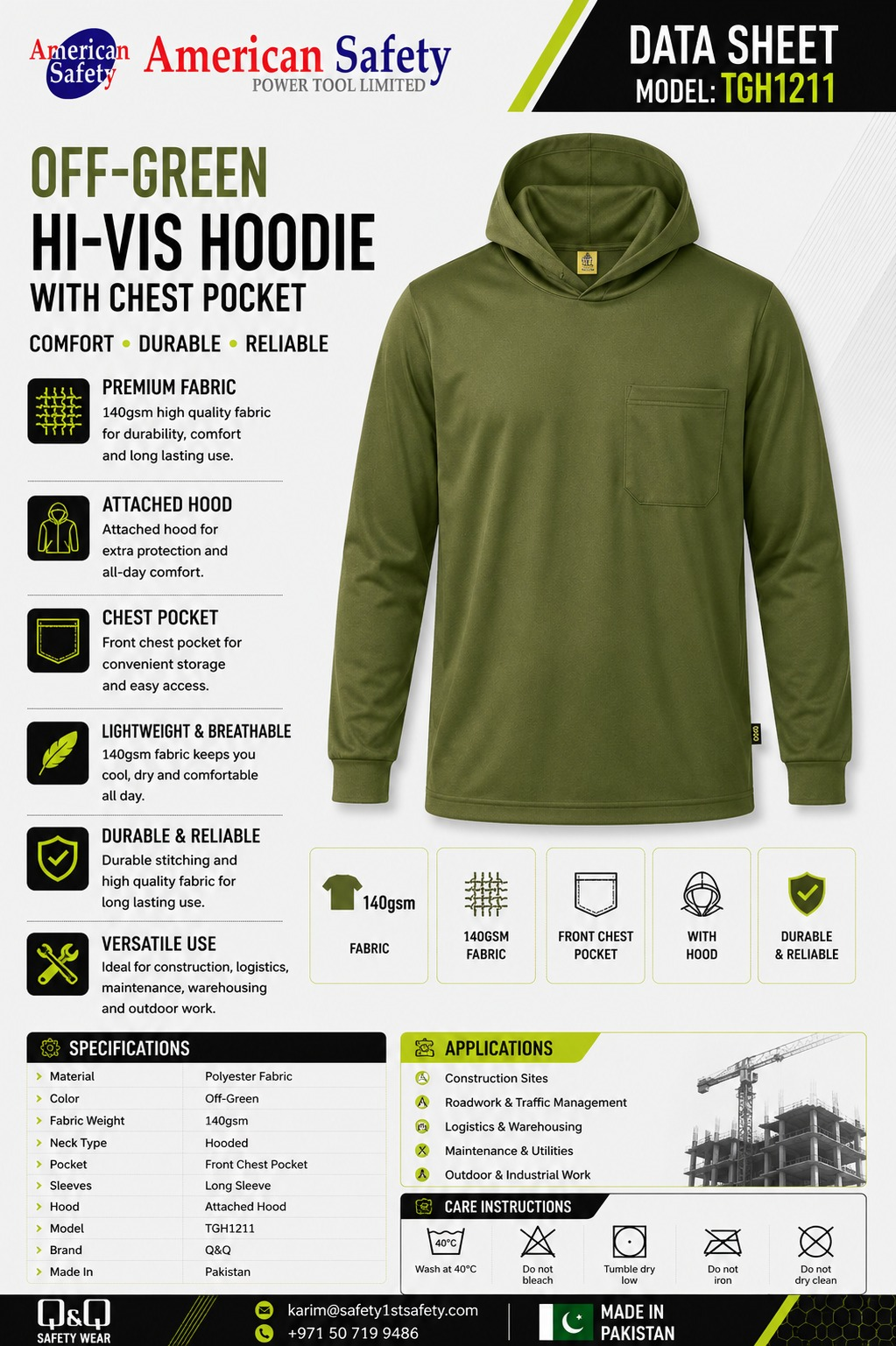 Off-Green Hi-Vis Hoodie with Chest Pocket