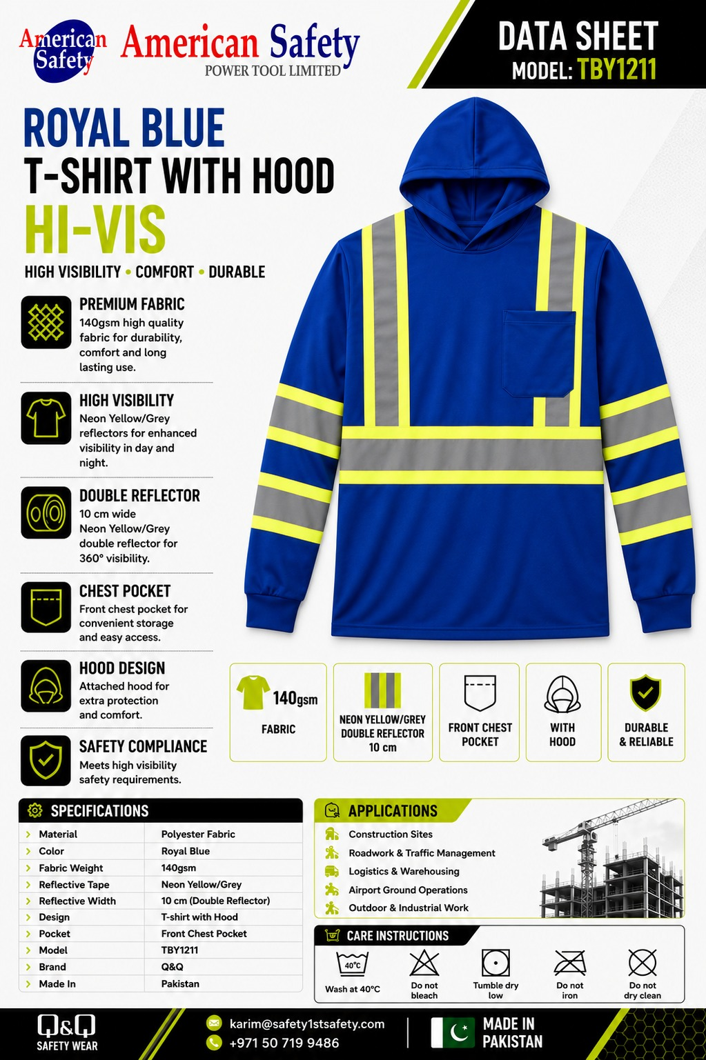 Royal Blue Hi-Vis T-Shirt with Hood TBY1211 - Image 2