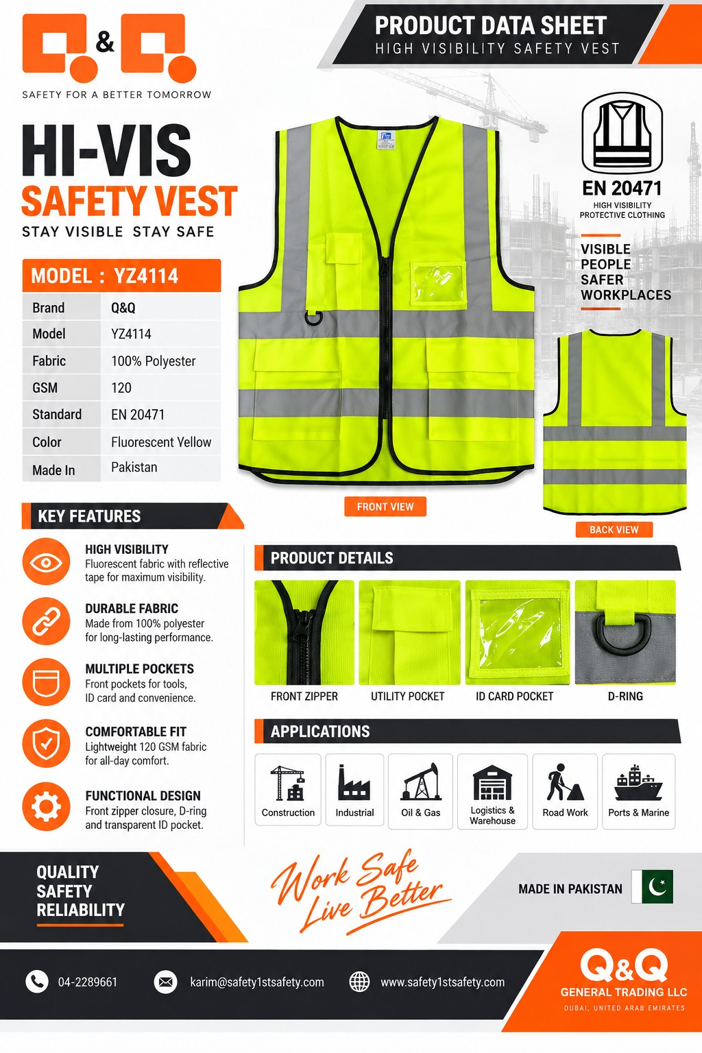 Q&Q Hi-Vis Safety Vest Fluorescent Yellow - Image 2