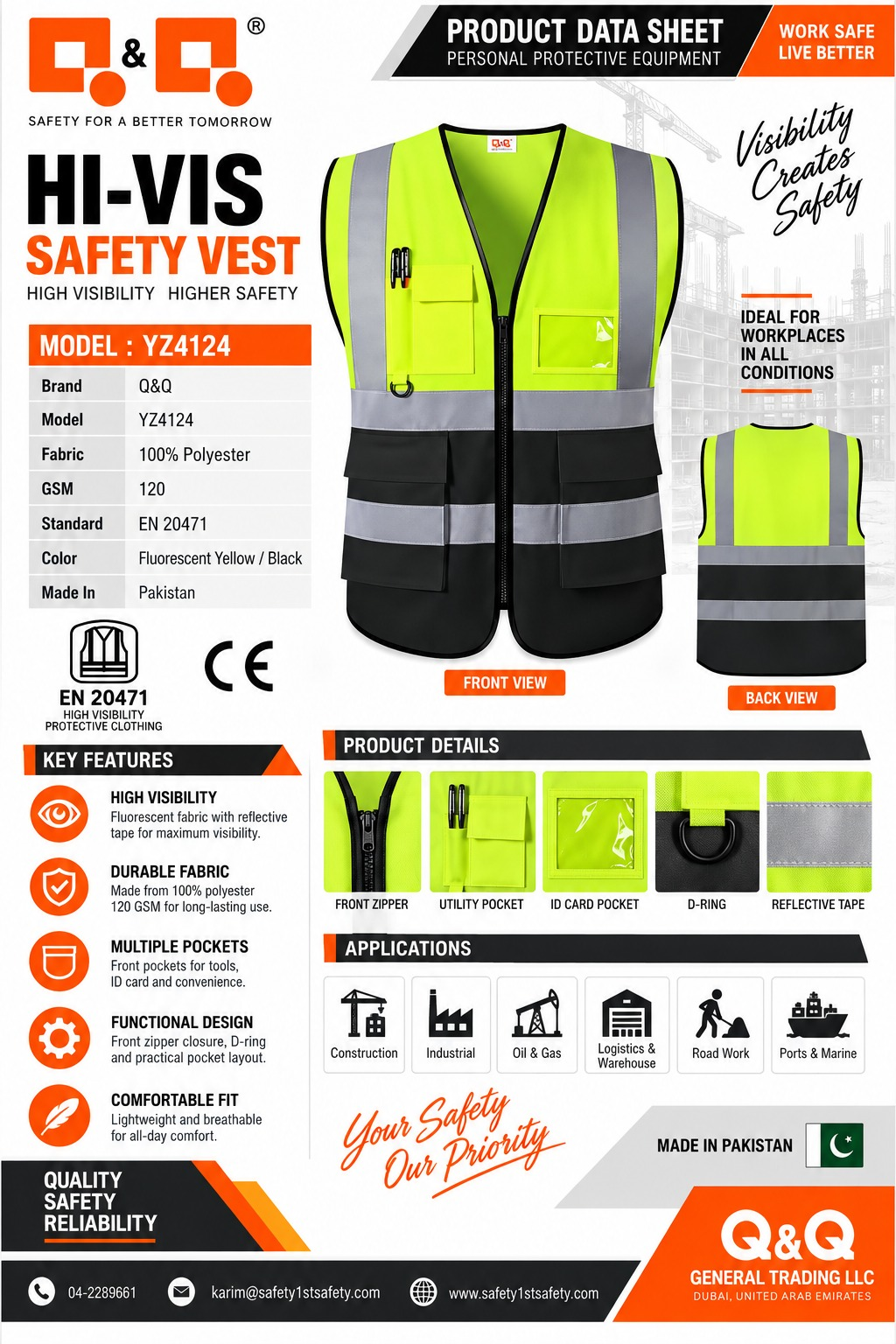 Q&Q Hi-Vis Safety Vest Yellow/Black - Image 2