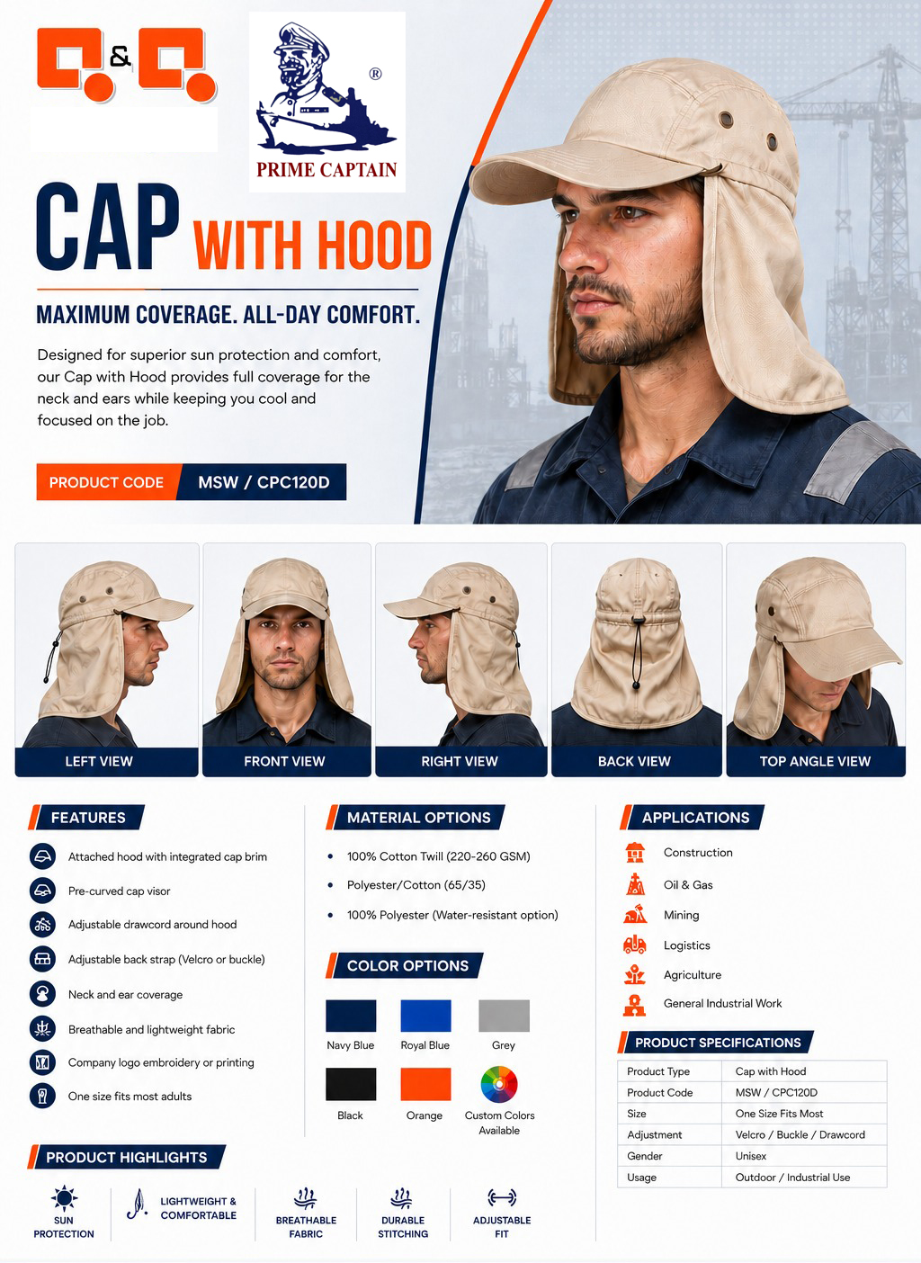 Prime Captain Cap with Hood for Sun Protection – MSW/CPC120D - Image 2